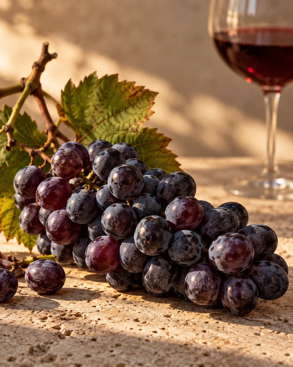 Tamno grožđe na kamenoj podlozi uz čašu crvenog vina